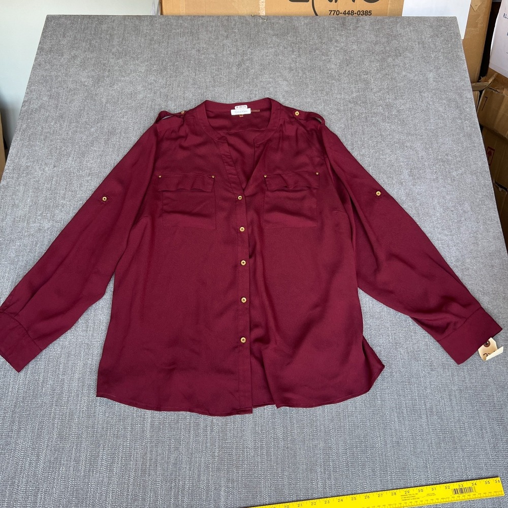 Calvin Klein Shirt Top Womens 2X Burgundy V-Neck Office Career Gold Button Front